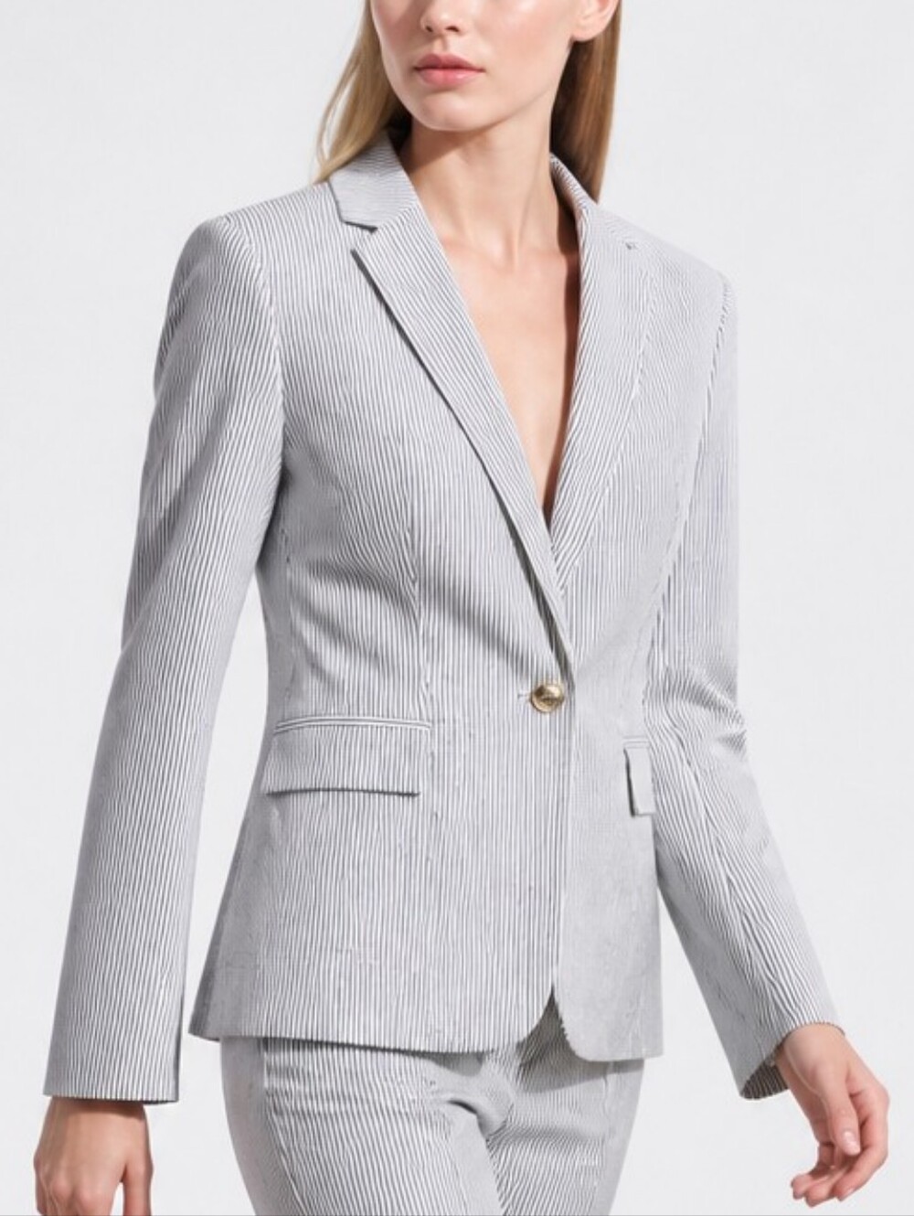 Cynthia Rowley Cotton Blend Gray/White Pinstripe Single-Button Blazer